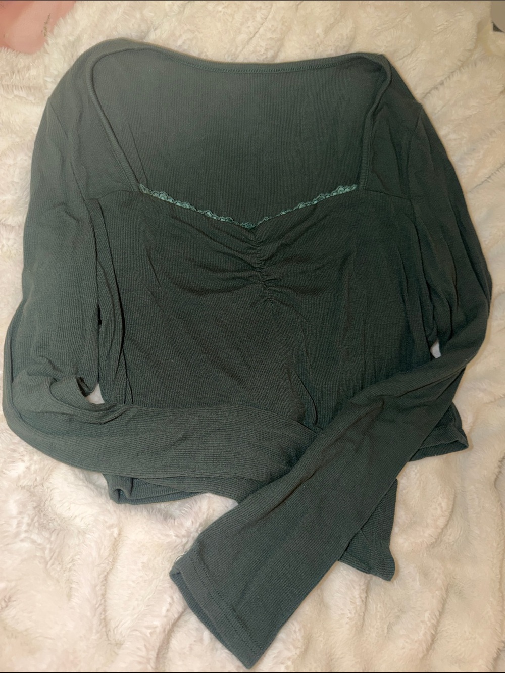 SHEIN Dark Teal Long Sleeve Sweetheart Lace Trim Top